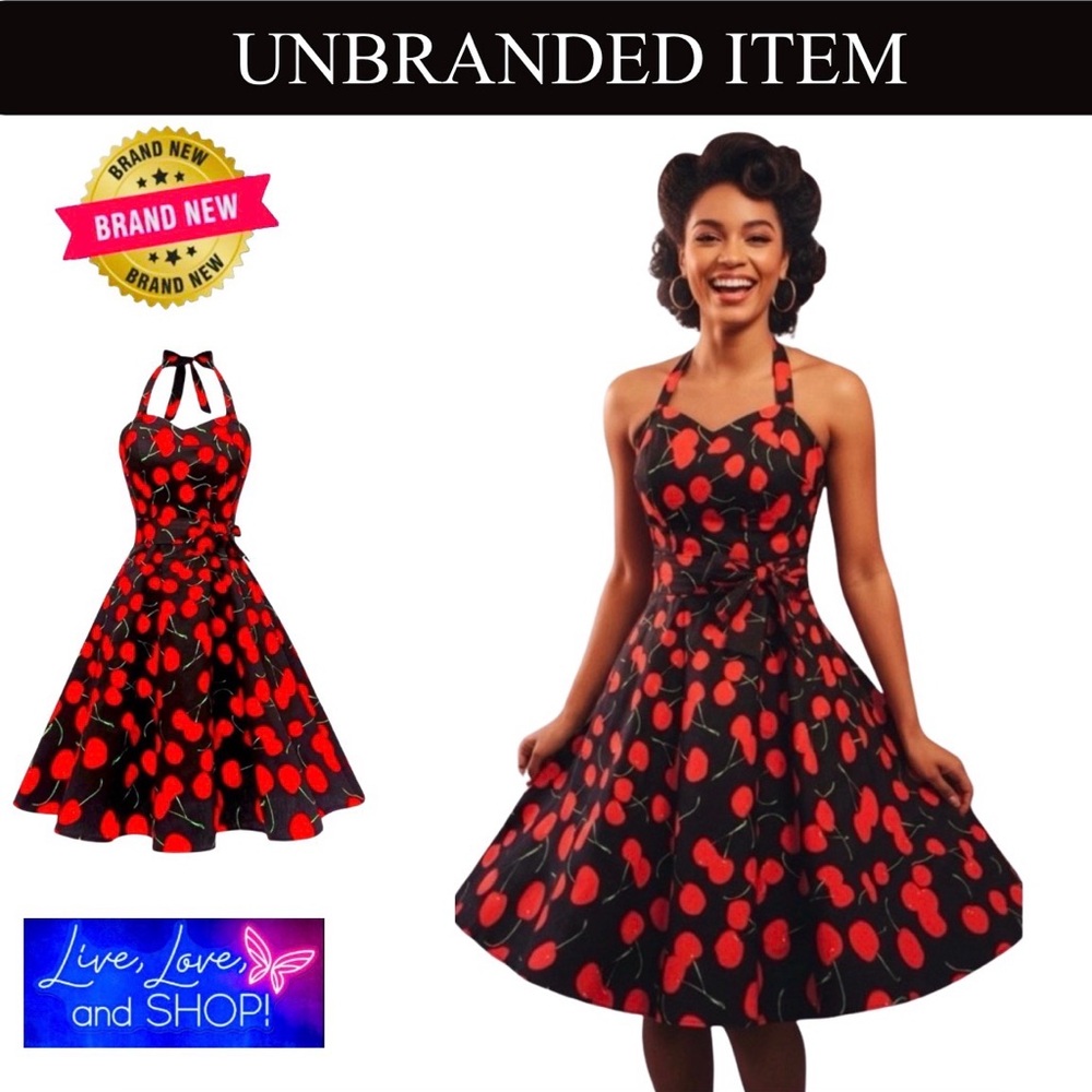 DRESS: Vintage 1950s Swing Dress, Black with Red Cherry Dress, NWOT